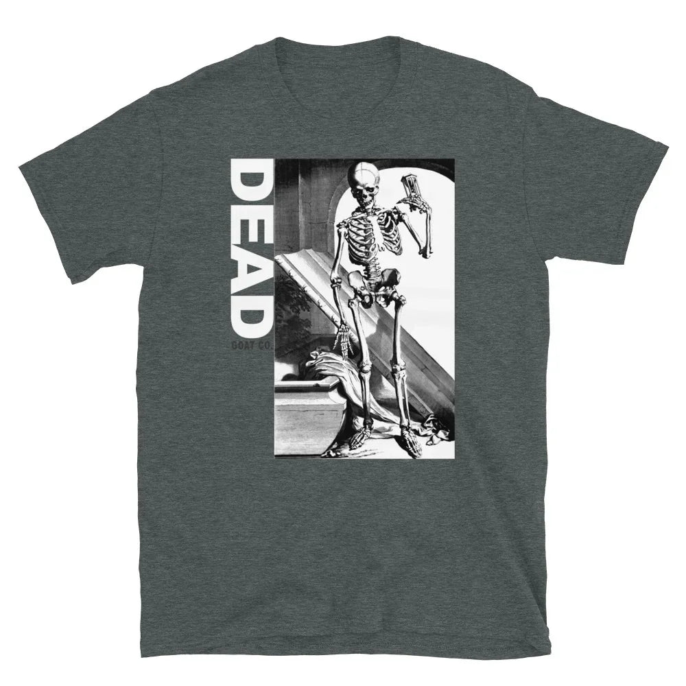 Dark grey t-shirt with a black and white skeleton graphic on the front.