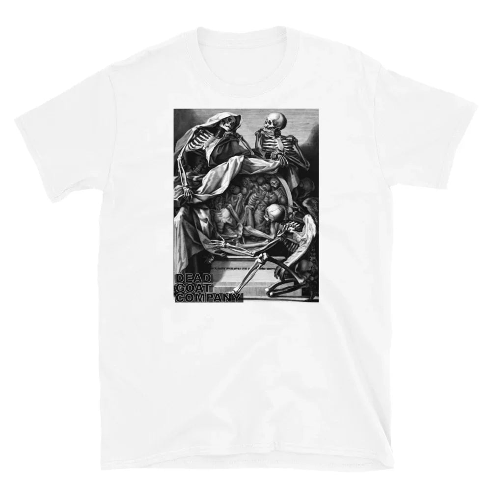 White short-sleeved t-shirt with a black and white skeleton graphic print.