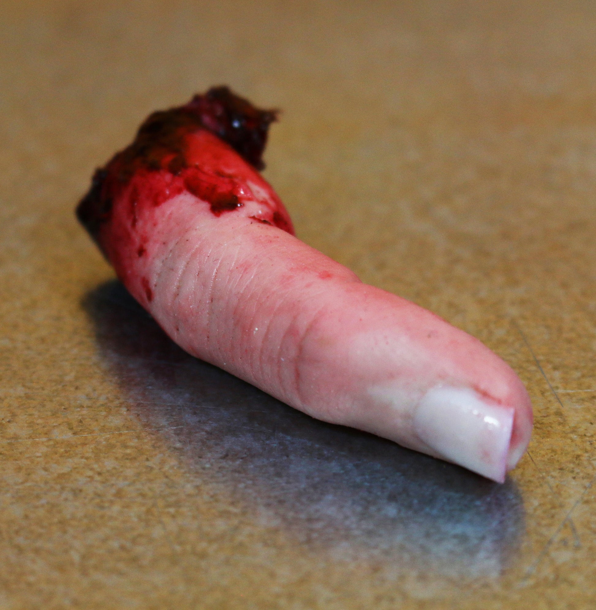 Bloody severed finger. Halloween decoration, creepy gift, pranks or horror prop