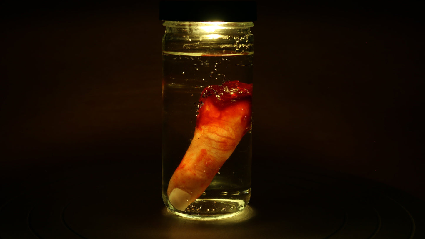 Wet Specimen Severed Finger in Jar. Lights up! No liquids. Great for Halloween, Haunted House, Horror Scenes, Horror props