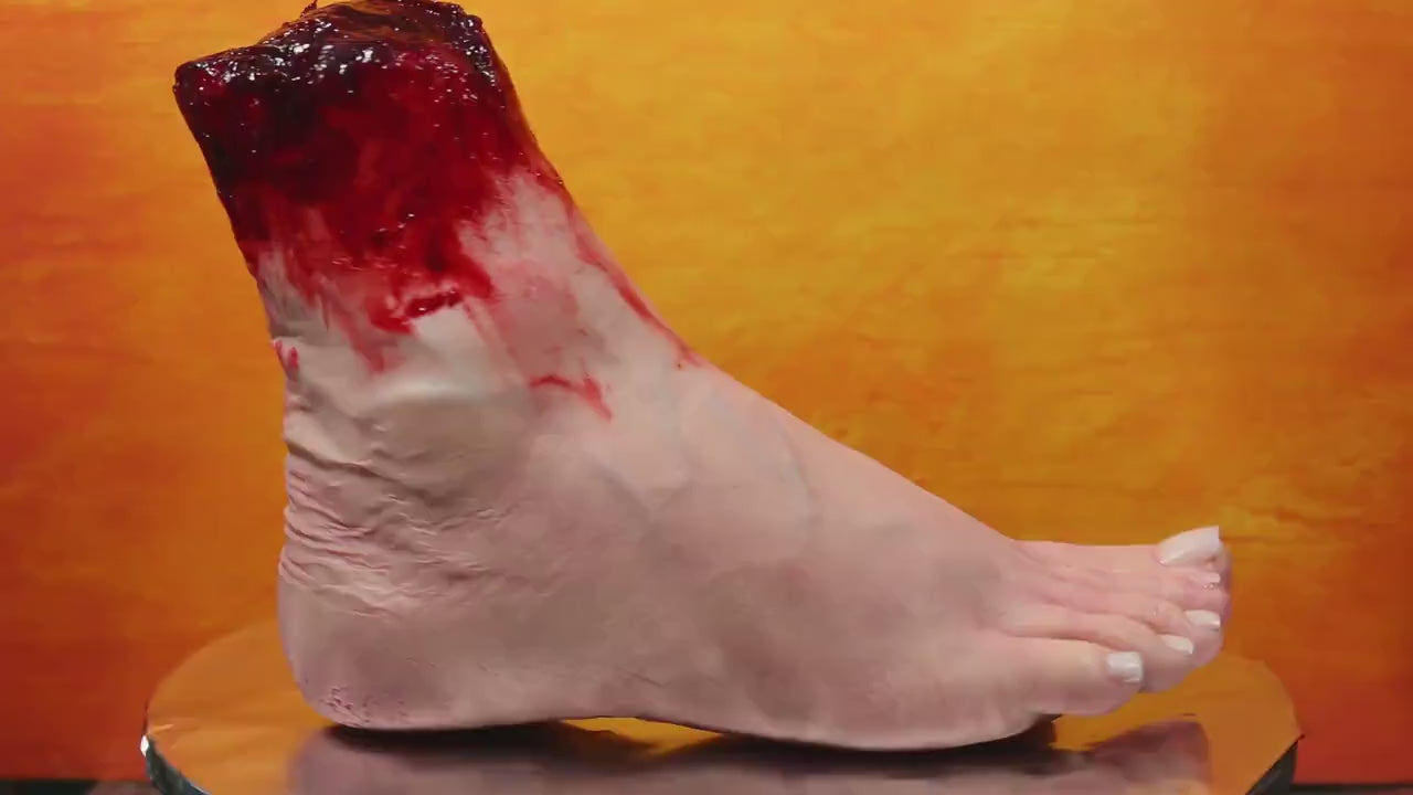 Bloody severed foot, very realistic.  Great for Halloween decoration, haunted house or horror prop